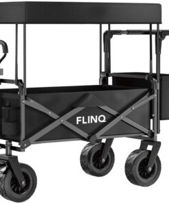 FlinQ Bolderkar met Dak tot 130 KG - Opvouwbaar - Strandkar met Duwstang - Inklapbare Bolderwagen voor Strand - 100L Inhoud met Draaibare Wielen - Zwart