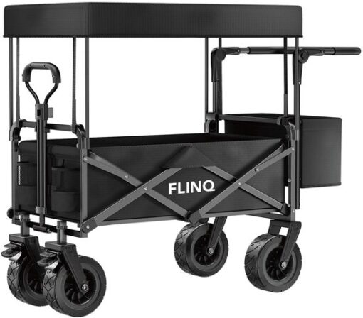 FlinQ Bolderkar met Dak tot 130 KG - Opvouwbaar - Strandkar met Duwstang - Inklapbare Bolderwagen voor Strand - 100L Inhoud met Draaibare Wielen - Zwart