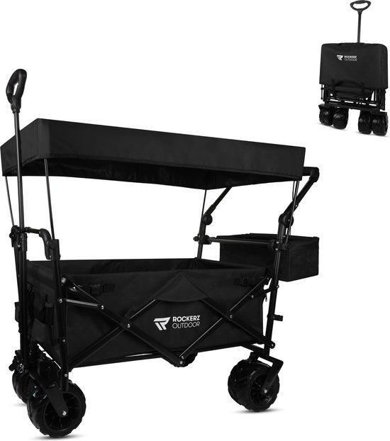 Rockerz Bolderkar met dak - Bolderwagen opvouwbaar - Met duwstang - 120L - Inclusief veiligheidsriemen - Handige opbergvakken - Zwart