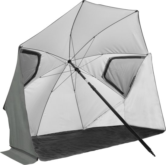 VirtuFit Strandparasol Premium - Windscherm - Grijs - 200 x 140 cm - Windscherm met Afrits Vlakken - Stevige Constructie - Strandparasol met Draagtas - Strandparasols - Strand Parasol - Strandtent