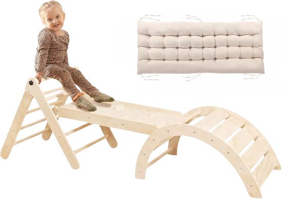 Buxibo Mini Klimrek Set – Klimdriehoek & Klimboog met Kussen & Klimhelling met Glijbaan – Montessori Speelgym – 176x47x82 cm – Naturel