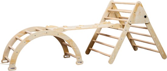 Buxibo XXL Klimrek - Opvouwbare Driehoek + Klimboog + Helling met Glijbaan - Montessori Meubels Houten Speelgym - Naturel - 210x83x81cm
