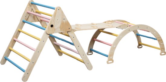 Buxibo XXL Klimrek - Opvouwbare Driehoek + Klimboog + Helling met Glijbaan - Montessori Meubels Houten Speelgym - Pastelkleuren - 210x83x81cm