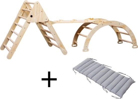 Buxibo XXL Klimrek - Opvouwbare Driehoek + Klimboog met Kussen + Helling met Glijbaan - Montessori Meubels Houten Speelgym - Naturel - 210x83x81cm