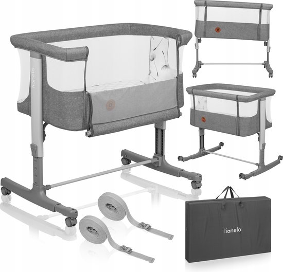 Lionelo Aurora 3in1 Co-sleeper - Babybedje tot 9 kg - Meegroeibed - 4 wielen met rem - Campingbedje – Verstelbare Hoogte – Ademend Gaas – Inclusief Matras & Transporttas – Afneembare Bekleding