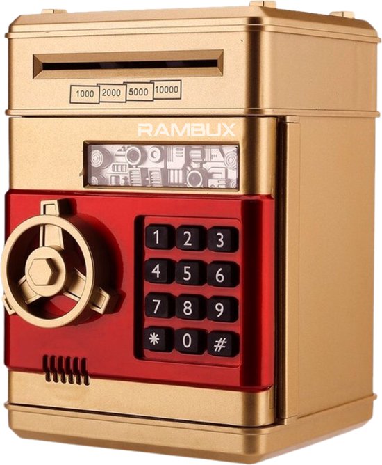 RAMBUX® - Kluis met Pincode & Geluid - Goud - Spaarpot - Munten & Briefgeld - Automatisch Spaarvarken - Educatief Speelgoed