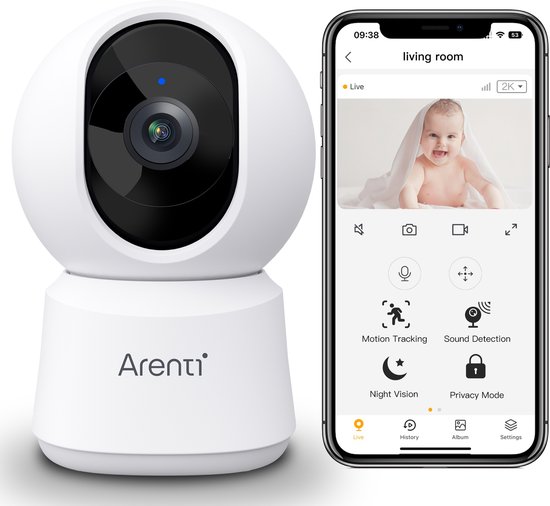Arenti - Wifi Babyfoon - 4MP Camera voor binnen - Model 2025 - Ultra HD Resolutie – Dual Band Wifi - Privacyfunctie - Nachtzicht - Bébé