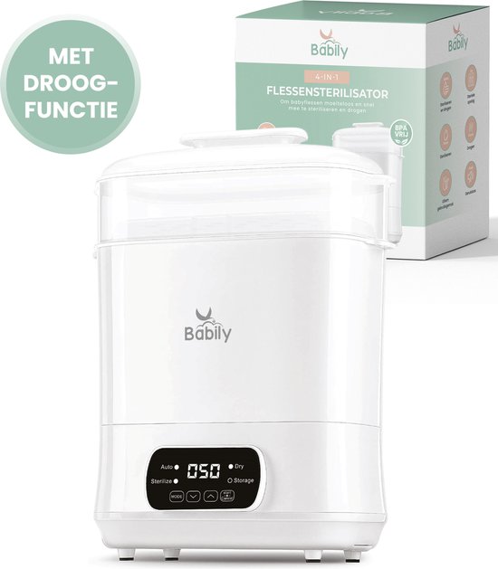 Babily 4-in-1 Flessen sterilisator elektrisch - Met droogfunctie - Steriliseer tot 8 babyflessen tegelijk - Fles sterilisator