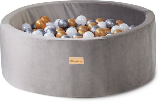 Ballenbak velvet baby speelgoed 1 jaar safari grijs- Kidsdouche ballenbad met 200 ballen - goud, zilver, wit