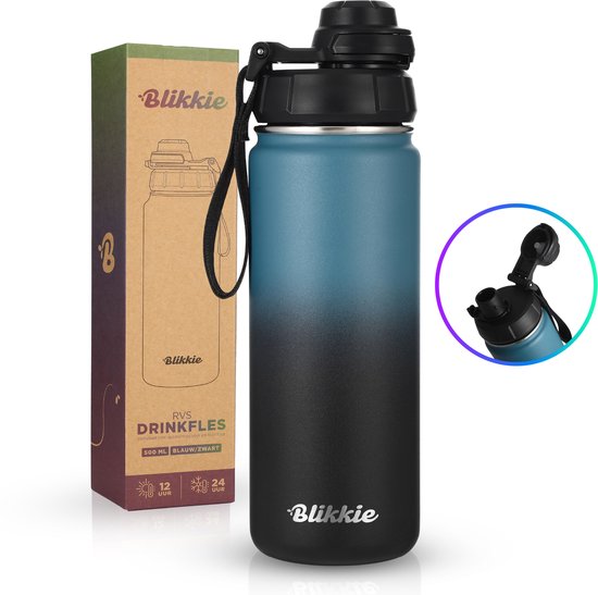 Blikkie® RVS Drinkfles Kinderen 500ml – Waterfles met Rietje – Drinkbeker – RVS Thermosfles – 3 Doppen – Lekvrij & BPA-vrij – School & Onderweg