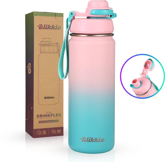 Blikkie® RVS Drinkfles Kinderen 500ml – Waterfles met Rietje – Thermosfles – 3 Doppen – Lekvrij & BPA-vrij – School & Onderweg – Cadeau