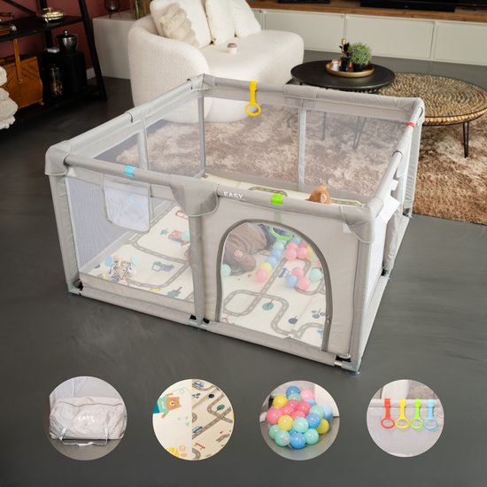 EWAC Grondbox – Top kwaliteit - Stevig - Eenvoudig - Twee formaten - 127x127cm - 180x150cm - Inclusief Dubbelzijdige Speelmat – Baby Speelbox met 50x Speelballen - Kinderbox - Babybox - Box voor baby's - Kruipbox - Baby box - Playpen - Grijs