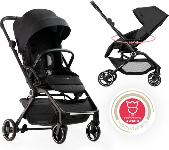 Hamilton by Yoop T1 Buggy – 360° Draaibare Stoel – MagicFold™ Technologie – Inklapbaar – Reflecterende Wielen mét Vering – Inclusief beschermtas en bekerhouder – Verstelbare en Wendbare Kinderwagen – Lichtgewicht Wandelwagen – Plooibuggy – Zwart