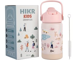 Hikr® Kinder Drinkfles - Drinkbeker RVS kinderen - 350ml - Lekvrij - Jongens & Meisje - Schoolbeker kind - Met rietje - Warme en koude dranken - Outdoor drinkfles