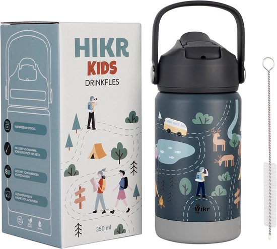Hikr® Kinder Drinkfles - Drinkbeker RVS kinderen - 350ml - Lekvrij - Jongens & Meisje - Schoolbeker kind - Met rietje - Warme en koude dranken - Outdoor drinkfles