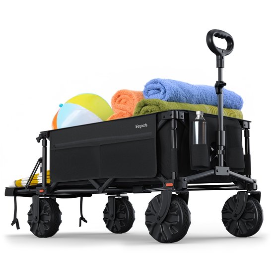 LifeGoods Bolderkar - Opvouwbare Bolderwagen - 130KG - 200L - Uitklapbaar - Met Beschermhoes - Zwart