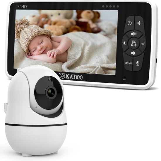Lovinoo Babyfoon - Babyfoon met Camera – Baby Monitor - Hondencamera - Huisdiercamera - Op Afstand Bestuurbaar - Uitbreidbaar Tot 4 Camera's - Temperatuursensor - Terugspreekfunctie - Video & Audio – Baby Camera - 5.0 Inch Scherm