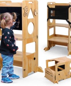 Olvy Kids - 3-in-1 Leertoren - Keukenhulp - Learning Tower - Montessori Leertoren - Opvouwbaar - Kindertrap - Keukentoren - Inklapbaar