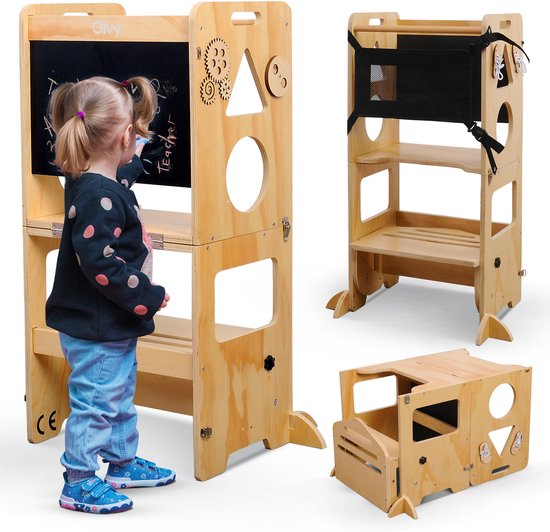 Olvy Kids - 3-in-1 Leertoren - Keukenhulp - Learning Tower - Montessori Leertoren - Opvouwbaar - Kindertrap - Keukentoren - Inklapbaar