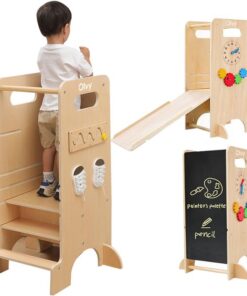 Olvy Kids - 4-in-1 Leertoren - Keukenhulp - Learning Tower - Montessori Leertoren - Kindertrap - Keukentoren - Met Glijbaan