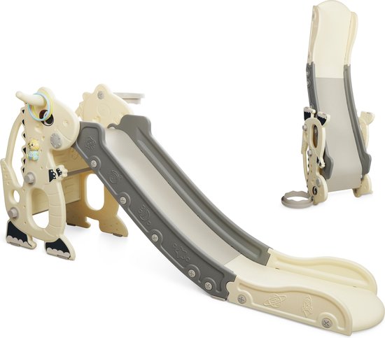 Rockerz Premium Glijbaan - Voor binnen en buiten - Speelplezier gegarandeerd - Opvouwbaar - Veilige dichte trap - Ringen spel - Basketbal ring (inclusief bal) - Muziek beertje - Kleur: Wit