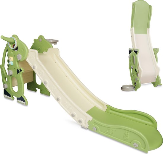 Rockerz Premium Glijbaan - Voor binnen en buiten - Speelplezier gegarandeerd - Opvouwbaar - Veilige dichte trap - Ringen spel - Basketbal ring (inclusief bal) - Muziek beertje - Kleur: Lichtgroen