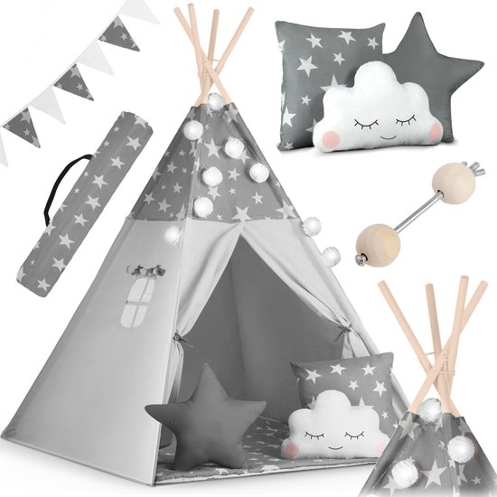 Tipi-tent voor kinderen met slinger en Nukido-lampjes - grijs met sterren