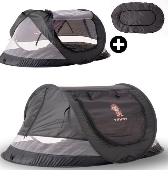 Twinky Campingbedje met Matras – Luxe Pop-Up Reisbedje & Baby Tentje XL voor Baby en Peuter – 110x65 CM – Zwart