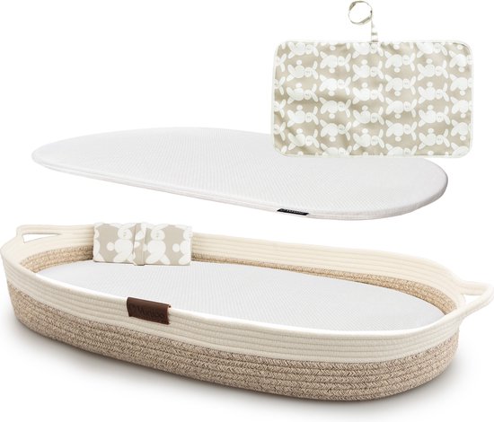 Yunioo Aankleedkussen │Verschoonkussen │ XL baby verschoonmand 80cm │ Mozesmand incl. Matras met Waterafstotende Hoes en Verschoonmatje │ Wit-Beige