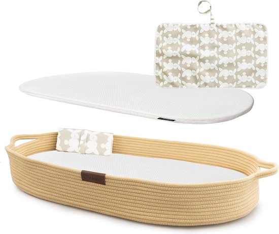 Yunioo Aankleedkussen │Verschoonkussen │ XL baby verschoonmand 80cm │ Mozesmand incl. Matras met Waterafstotende Hoes en Verschoonmatje │ Crème