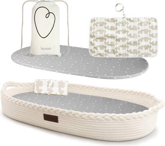 Yunioo Aankleedkussen │Verschoonkussen │ XL baby verschoonmand 80cm │ Mozesmand incl. Matras met Waterafstotende Hoes en Verschoonmatje │ Wit