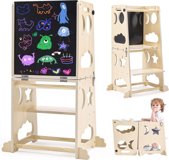 Activekidz 3-in-1 Leertoren - Leertoren Keukenhulp - Learning Tower - Montessori - Peuters - Houten kindertafel - Krijtbord Kinderen