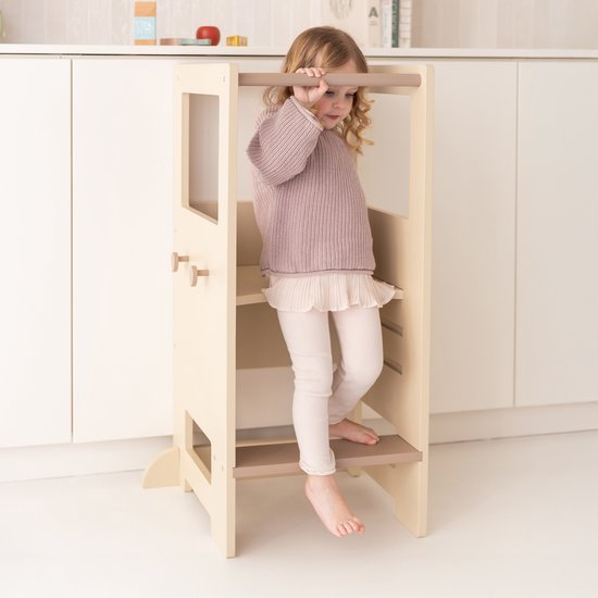 Babiem® Leertoren Fay – in Hoogte Verstelbaar - Incl. Handdoekhaakjes - Leertoren Keukenhulp - Keukenhulp – Veilig en Stabiel – Off white - Hout