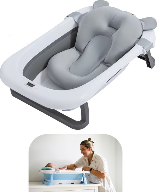Baboe Opvouwbaar Baby Bad - Babybad met Digitale Thermometer - zitbad - Opvouwbaar bad - Incl Badkussen - Grijs