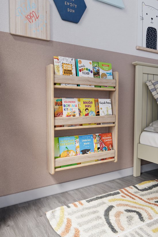 Boekenkast Kind - Boekenrek Kind - Boekenrek Kinderkamer - Kinderboekenkast - Montessori Boekenkast - 3 Niveaus - Houtkleur