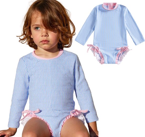 Joya Kids® Badpak Lange Mouw Licht Blauw met Streepjes en Roze Ruches Meisjes | Zwempak met ruches UV Badpak | Zwempak Lange Mouw UV Bescherming Streep | Meisje Bikini Zomer | Kinderbadpak Peuter | Maat 0-3 Maanden