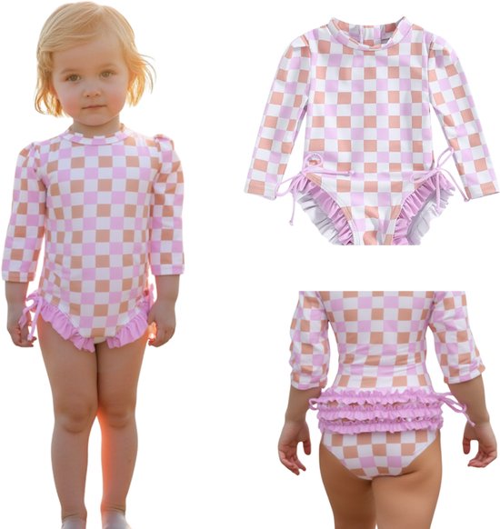 Joya Kids® Badpak Lange Mouw Lila, Roze en Wit Geblokt met Ruches en Strikjes Meisjes | Zwempak met ruches UV Badpak Lila en Roze | Zwempak Lange Mouw UV Bescherming Blokjes | Meisje Bikini Zomer | Kinderbadpak Peuter | Maat 3-6 Maanden