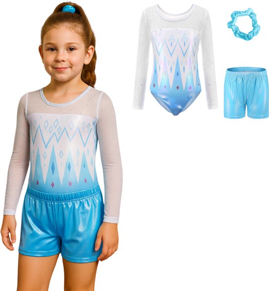 Joya Kids® Turnpakje Meisjes met Lange Mouwen, Broekje en Scrunchie | Blauw met Wit met Glitters en Strass Steentjes Ballet pakje | Gymnastiekpakje Elsa Stijl | Turnen | Turn Pakje set | Maat 120