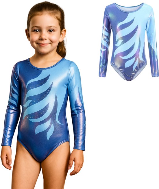 Joya Kids® Turnpakje Meisjes met Lange Mouwen | Donker en Licht Blauw met Glitters en Strass Steentjes Ballet pakje | Gymnastiekpakje | Turnen | Turn Pakje | Maat 140