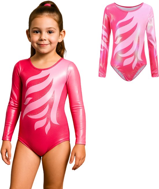 Joya Kids® Turnpakje Meisjes met Lange Mouwen | Hard Roze met Glitters en Strass Steentjes Ballet pakje | Gymnastiekpakje | Turnen | Turn Pakje | Maat 100