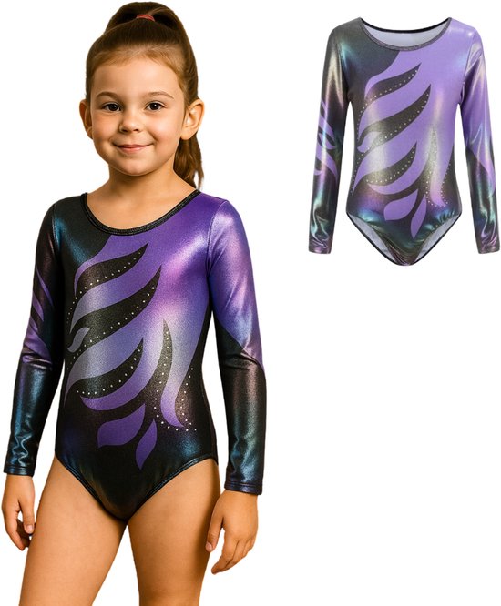 Joya Kids® Turnpakje Meisjes met Lange Mouwen | Zwart met Paars met Glitters en Strass Steentjes Ballet pakje | Gymnastiekpakje | Turnen | Turn Pakje | Maat 120