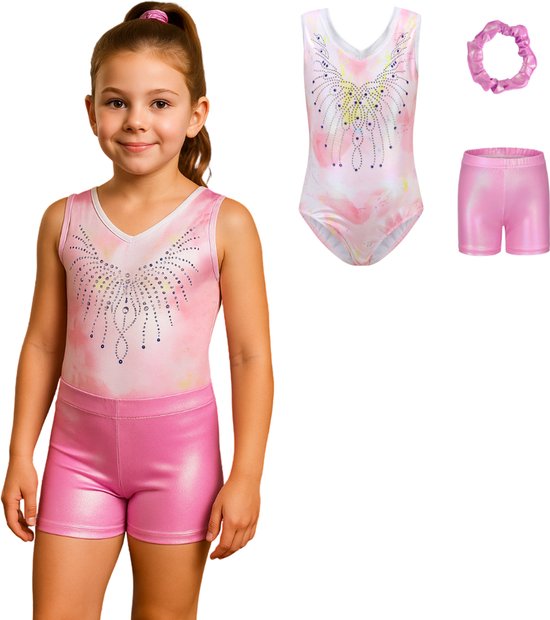 Joya Kids® Turnpakje Meisjes zonder Mouwen met Broekje en Scrunchie | Licht Roze met Wit met Glitters en Strass Steentjes Ballet pakje | Gymnastiekpakje Zomer zonder Mouw | Turnen | Turn Pakje set | Maat 120