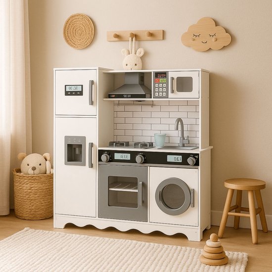 Maxx kidz - Houten Speelgoed Keuken - Complete Speelkeuken - Wit Keukentje met Grijze Afwerking - Stevige Kinderkeuken met Accessoires - Speelgoedkeuken met Geluid