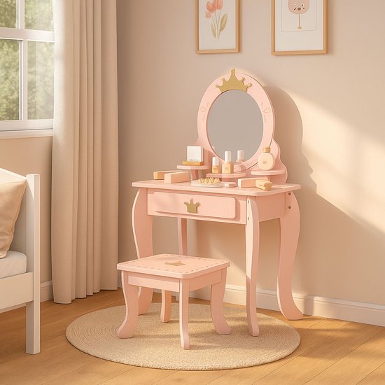 Maxx Kidz Kaptafel Kind met Spiegel - Roze Houten Kinder Make Up Tafel met Krukje - Schminktafel voor Kinderen - Meisjes Speelgoed vanaf 3 jaar