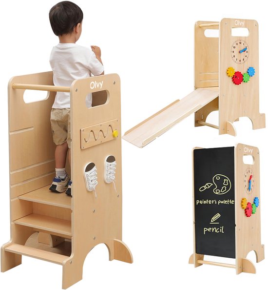Olvy Kids - 4-in-1 Leertoren - Keukenhulp - Learning Tower - Montessori Leertoren - Kindertrap - Keukentoren - Met Glijbaan