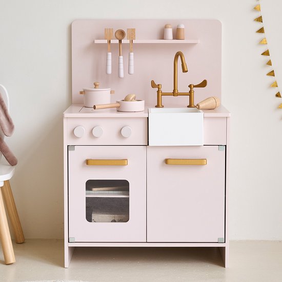 Petite Amélie Speelkeuken Zacht Roze – Kinderkeuken met7 keukenaccessoires – Vervaardigd uit MDF - Met oventje & klikgeluid knoppen