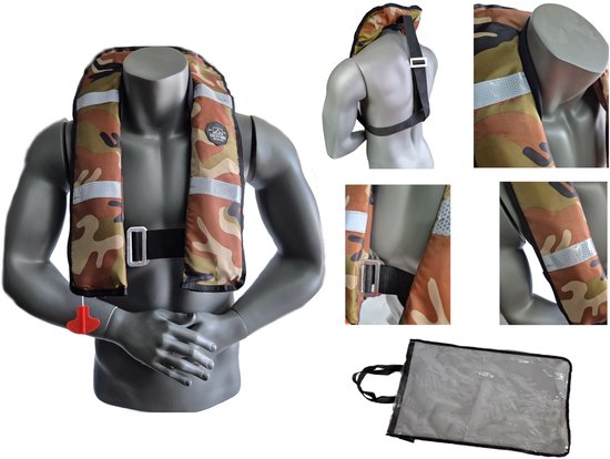 Reddingsvest 150N Automatisch - 150kg - Volwassenen - Camouflage - Handbediening - Universele maat - Comfortabel - Verstelbaar - Draagtas
