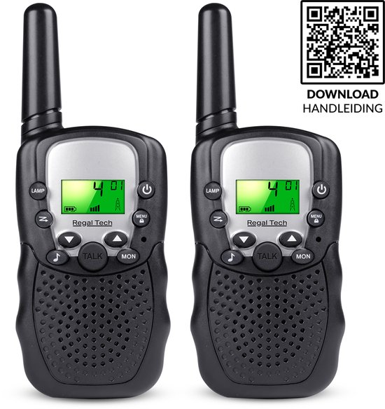Regal Tech® Walkie Talkie voor kinderen – 2 Stuks – Bereik tot 5KM – Walkie Talkie set – Incl. NL Handleiding– VOX Handsfree – Zaklamp – Draagbaar & Robuust – Zwart