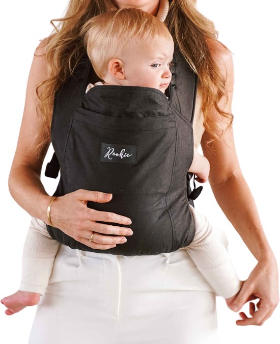 ROOKIE Baby Premium draagzak - Design buikdrager - Comfortabel en ergonomisch - Babydrager vanaf Geboorte - Ook voor Peuter - Biologisch katoen - Super zacht - Unisex: voor mama en papa (Zwart)
