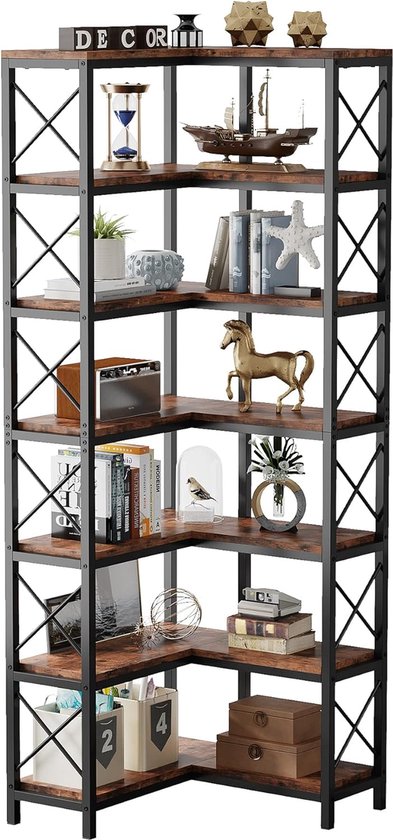 TRIBESIGNS - Boekenkast - Hoek boekenkast met 7 Planken - Industrieel Grote Hoekplank - Spaanplaat - Bruin/Zwart - 60 x 60 x 200 cm